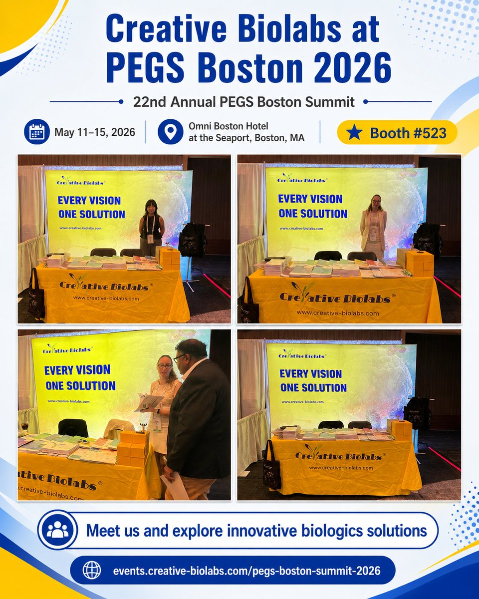 creativebiolabs's tweet photo. Day 1 at #PEGSummit Boston 2026 has wrapped up.
Creative Biolabs is onsite, joining scientific sessions and connecting with the biologics community.
As a CRO, we support antibody discovery, protein engineering, ADCs, bispecifics, cell &amp; gene therapy, and immunotherapy. https://t.co/0Ds6FgRxII