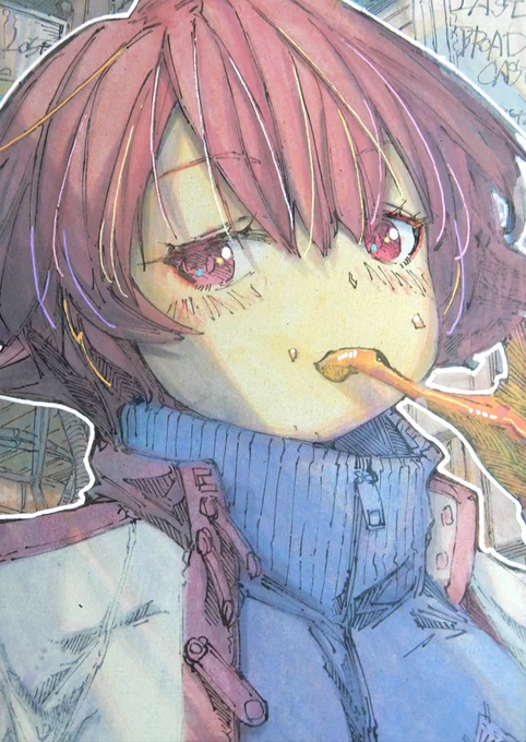【アナログ2493:おいしいお肉】 友人のキャラを勝手に描くシリーズ。 下松さんのキャラです() #watercolorpainting #traditionalart #cyberpunk #copicmarkers #kawaiiart #moeart