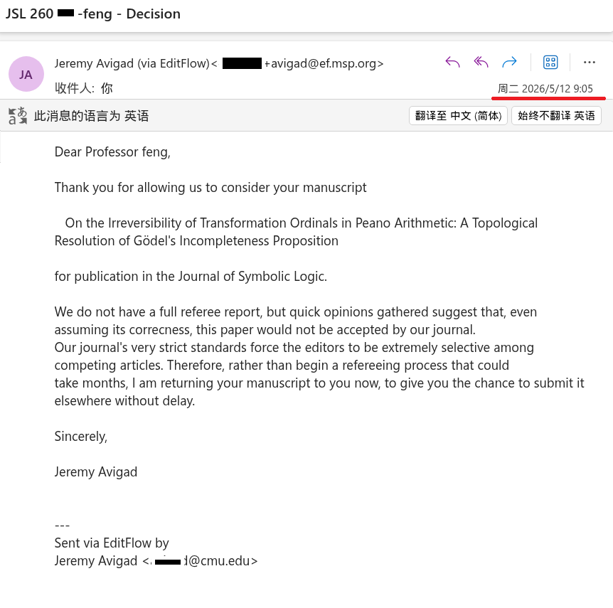FengTheory's tweet photo. This is how the Journal of Symbolic Logic (JSL) responds to a challenge to Gödel:
"Even assuming its correctness, this paper would not be accepted."

Is it fear of truth?
Academic corruption?
Or bias against Chinese scholars?

"Selectivity" overrides "correctness," logic is dead. https://t.co/LRgVXdjISN