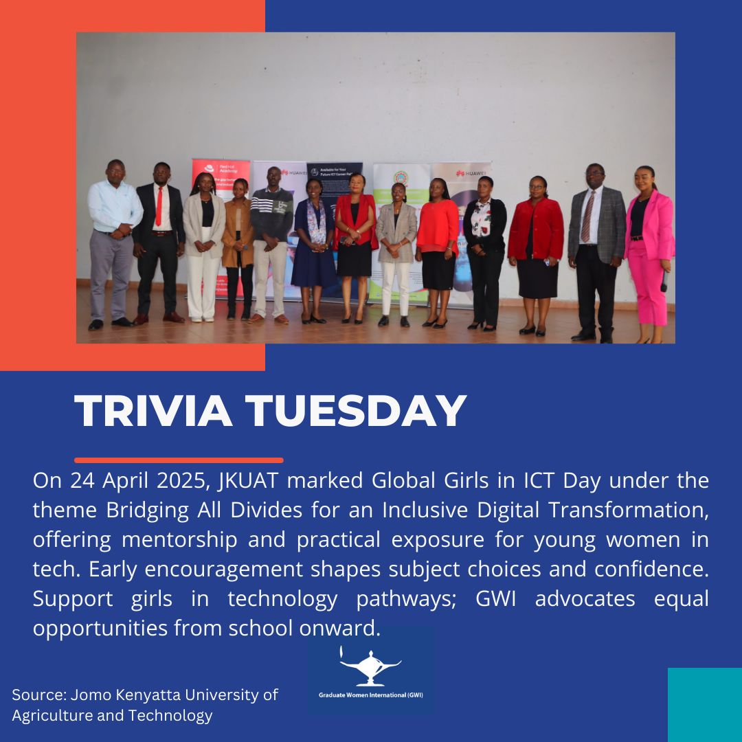 GradWomen's tweet photo. On 24 April 2025, JKUAT marked Global Girls in ICT Day with mentorship and practical tech exposure for young women. Early encouragement builds confidence and supports girls’ pathways into technology. 

Source: https://t.co/A1D6e3CSnf https://t.co/v7UqewDgS0
