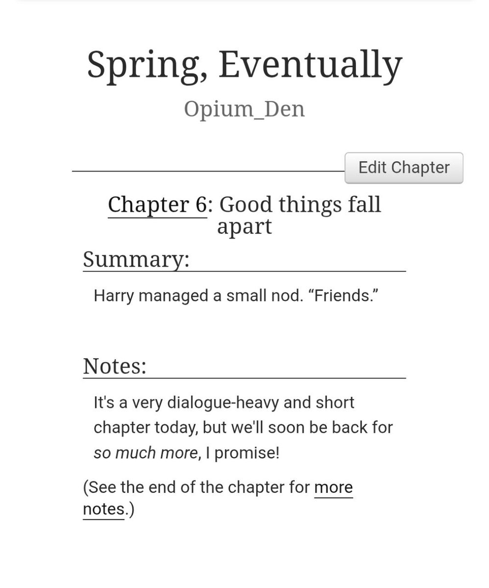 Opium_Den20's tweet photo. Chapter 6 is out! Hopefully I'll be able to give you quicker updates these upcoming weeks!

https://t.co/CozDeK5Tqc

As always, mind the tags and stay tuned! Kudos, bookmarks and comments are greatly appreciated!

#SpringEventuallyAO3 #hpdm #drarry #harco #fanfiction #fanfic #ao3 https://t.co/wJ4b4YBx2U