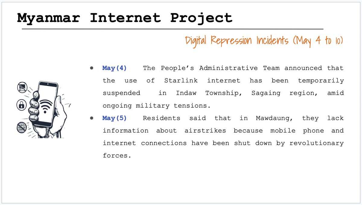 Myanmar_IP's tweet photo. Digital Repression Incidents in Myanmar (May 4 to 10) 

#FOE 
#InternetShutDown 
#Surveillance 
#Digital_Repression 
#WhatsHappeningInMyanmar 
#KeepItOn 
Full Report >>> https://t.co/vB4UrwWjbk https://t.co/s08rCA1ROu
