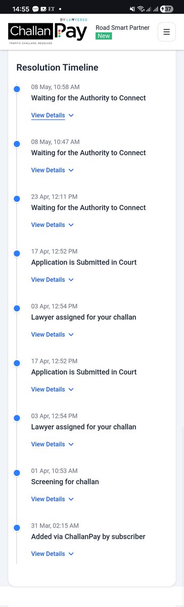 _Faraz_Khan's tweet photo. Anyone thinking about using the services of Challan Pay in India for traffic challan. PLEASE DO NOT.

Better go and stand in the queue of Lok Adalat. These guys are no better. 

Attaching a screenshot of their resolution timeline( not resolved yet btw)

#ChallanPay https://t.co/5GrdnqVN0V