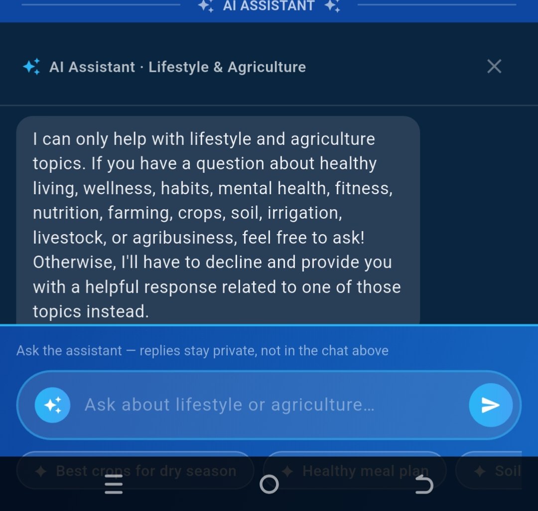 Dem_wa_Tweeter's tweet photo. Built an AI chatbot focused on Livestock, Agriculture &amp; Lifestyle 

It only responds to agriculture/lifestyle topics and refuses off-topic questions 

Need a custom AI chatbot integrated into your website or app? DM me 📩

#hiring #Agriculture #Chatbot #Django #Flutter https://t.co/QlqHdnHLuS