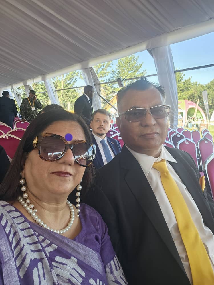 BazWaiswa's tweet photo. Businessman &amp; proprietor of Tirupati Development (U) Ltd Harshad Barot &amp; wife Poonam Barot witnessed the swearing in of President Museveni at Kololo. The business couple credit Museveni’s good governance for the economic stability &amp; a prospering private sector. 
#M7SwearsIn https://t.co/76gNKxPGVD