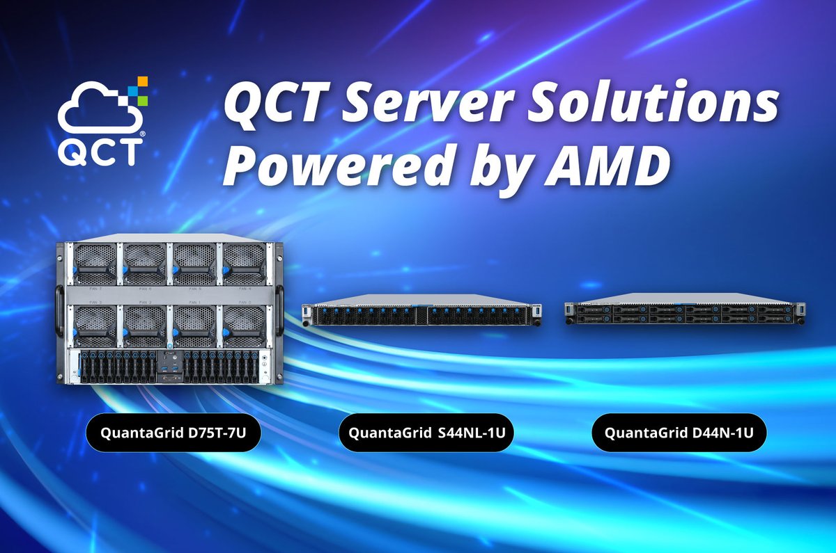 QuantaQCT's tweet photo. Whether you’re looking for an #AI powerhouse built for #GenAI, #LLM and #HPC, or a general-purpose system for computing and storage, @QuantaQCT has you covered with our #QuantaGrid servers powered by the latest AMD EPYC CPUs and AMD Instinct GPUs. https://t.co/TZQizOucBI https://t.co/uekNcBTOOl