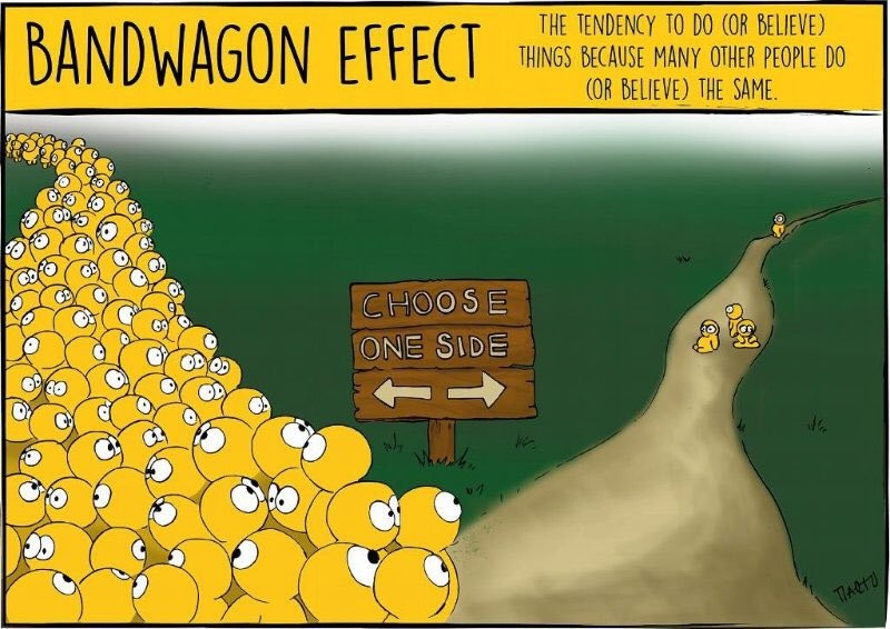 davidasesorbm's tweet photo. El Efecto Bandwagon:  

Nosotros los humanos somos criaturas sociales, lo que tiene sus beneficios.  

Pero también tiene un lado negativo...  

A menudo seguimos a la multitud sin pensar, solo porque todos los demás lo están haciendo.  

Ten cuidado con el Efecto Bandwagon, es como el "pensamiento grupal" y puede ser arriesgado.