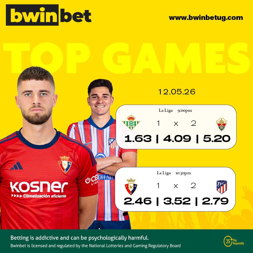 bwinbet_Ug's tweet photo. Tonight’s football action is locked in! ⚽🔥

🇪🇸 Real Betis 🆚 Elche — 9PM
🇪🇸 Osasuna 🆚 Atletico Madrid — 10:30PM

Don’t miss the thrill — place your bets now at https://t.co/986iJHdCT6
#TopGames #LaLiga #FootballTonight #BwinbetUganda #GameOn https://t.co/SNBgbhTCUf