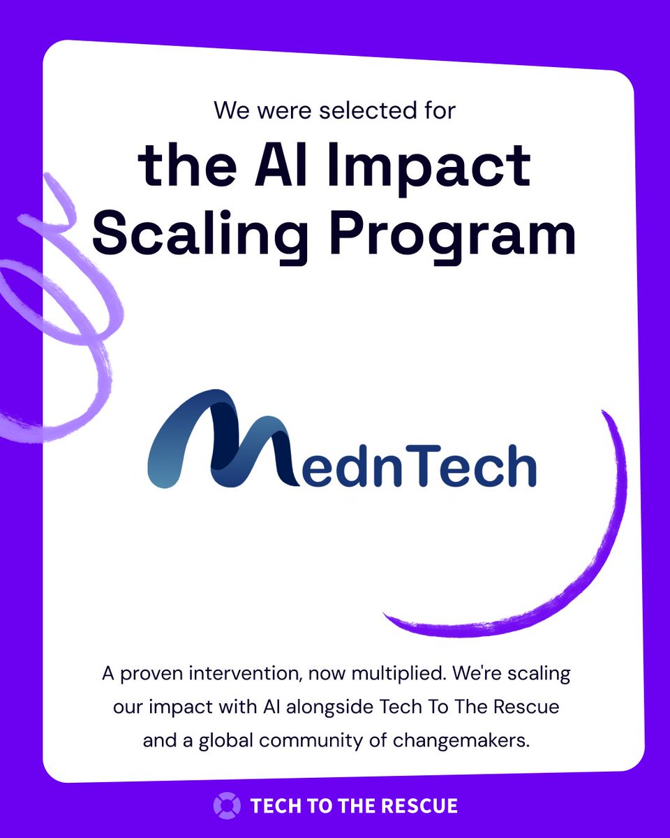 Medn_Tech's tweet photo. We're in! 🎉 MednTech has been selected for @TechToTheRescue 's AI Impact Scaling Program.
12 months. Technical depth, expert matching, peer community. Our goal is simple: reach far more women, faster. 🌍
#AIforGood #WomensHealth #GlobalHealth https://t.co/dD146QBQIY