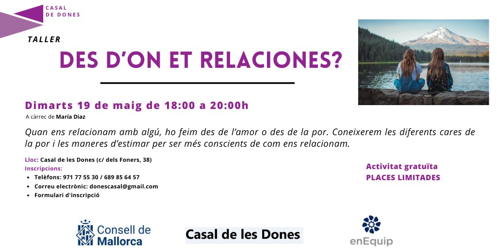 casaldones's tweet photo. 💞 Des d’on et relaciones?

Quan ens relacionem amb algú ho fem des de l’amor o des de la por.
En aquest taller coneixerem les diferents cares de la por i les maneres d’estimar, per poder prendre consciència de com ens relacionem amb les altres persones i amb nosaltres mateixes. https://t.co/FbOAdrnd0K