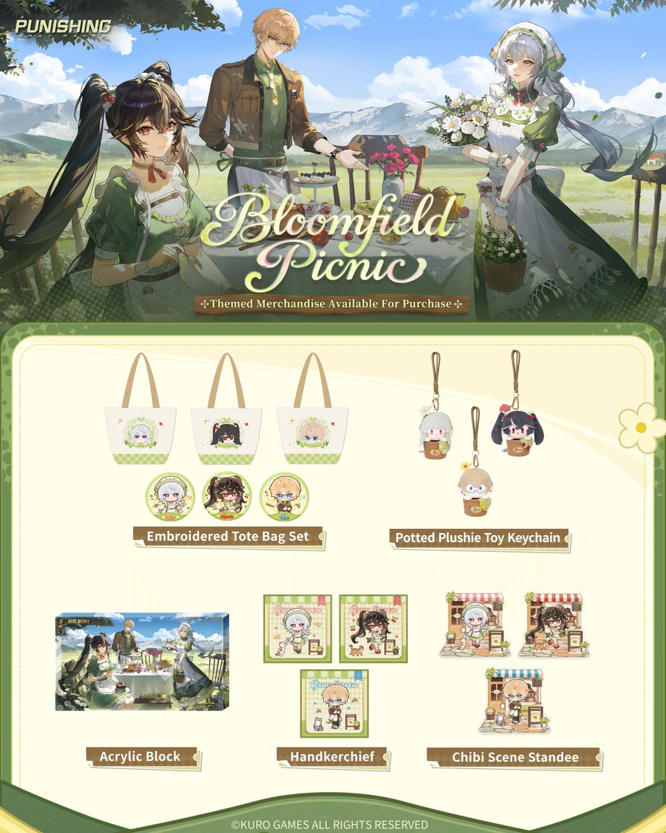 KuroMerchandise's tweet photo. ★ Bloomfield Picnic | Sales Now Open! ★

✦Details✦
The new merchandise bundle includes Bloomfield Picnic Potted Plushie Toy Keychain, Embroidered Tote Bag Set, Chibi Scene Standee,  and more!
Available styles: Lucia, Liv and Lee.

ETA: Due to import and export logistics, the actual arrival date may vary depending on each platform's final arrangement.

For more details, please visit: 
Nekotwo: https://t.co/bE4Yd2YDRX

#PunishingGrayRaven #PGR