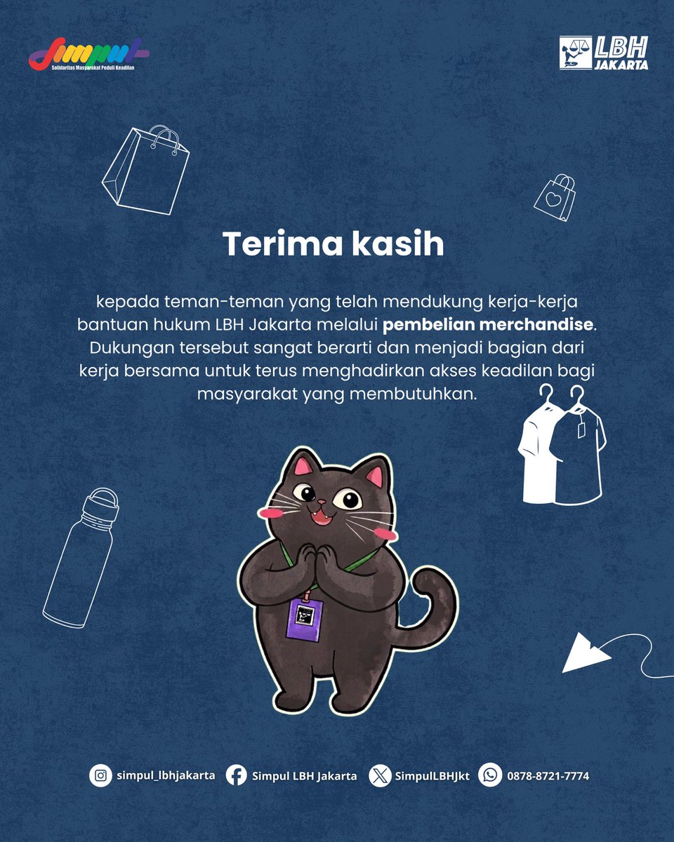 SimpulLBHJkt's tweet photo. Terima kasih untuk setiap dukungan yang selalu tumbuh dan terus bermekaran.

Mari terus mendukung kerja-kerja bantuan hukum LBH Jakarta, dengan membeli lebih banyak lagi koleksi merchandisenya 😇

Untuk pemesanan, silakan melalui WhatsApp 0878 8721 7774 🙌 https://t.co/qCKCBYiVh9