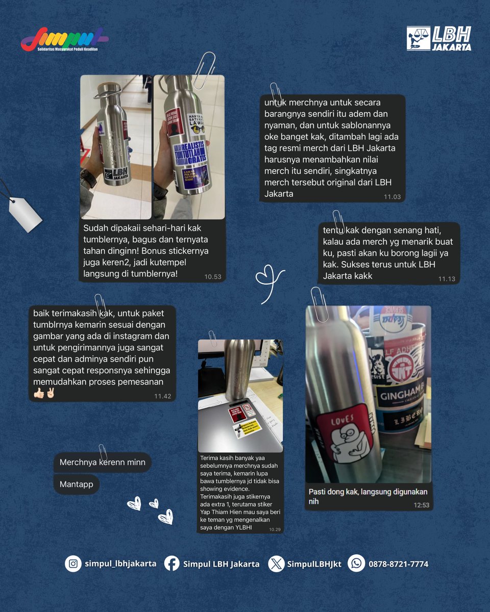 SimpulLBHJkt's tweet photo. Terima kasih untuk setiap dukungan yang selalu tumbuh dan terus bermekaran.

Mari terus mendukung kerja-kerja bantuan hukum LBH Jakarta, dengan membeli lebih banyak lagi koleksi merchandisenya 😇

Untuk pemesanan, silakan melalui WhatsApp 0878 8721 7774 🙌 https://t.co/qCKCBYiVh9
