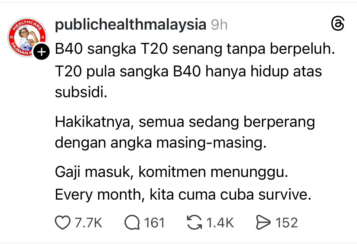 bitcoinmalaya's tweet photo. The M40 and T20 combined are 60% of Malaysian households

They pay the most tax. They lose subsidies first. They get the least aid.

Together they are the majority being governed like a minority.

When that realisation hits critical mass, everything changes.

Madani is playing with fire. Better be cautious here.
