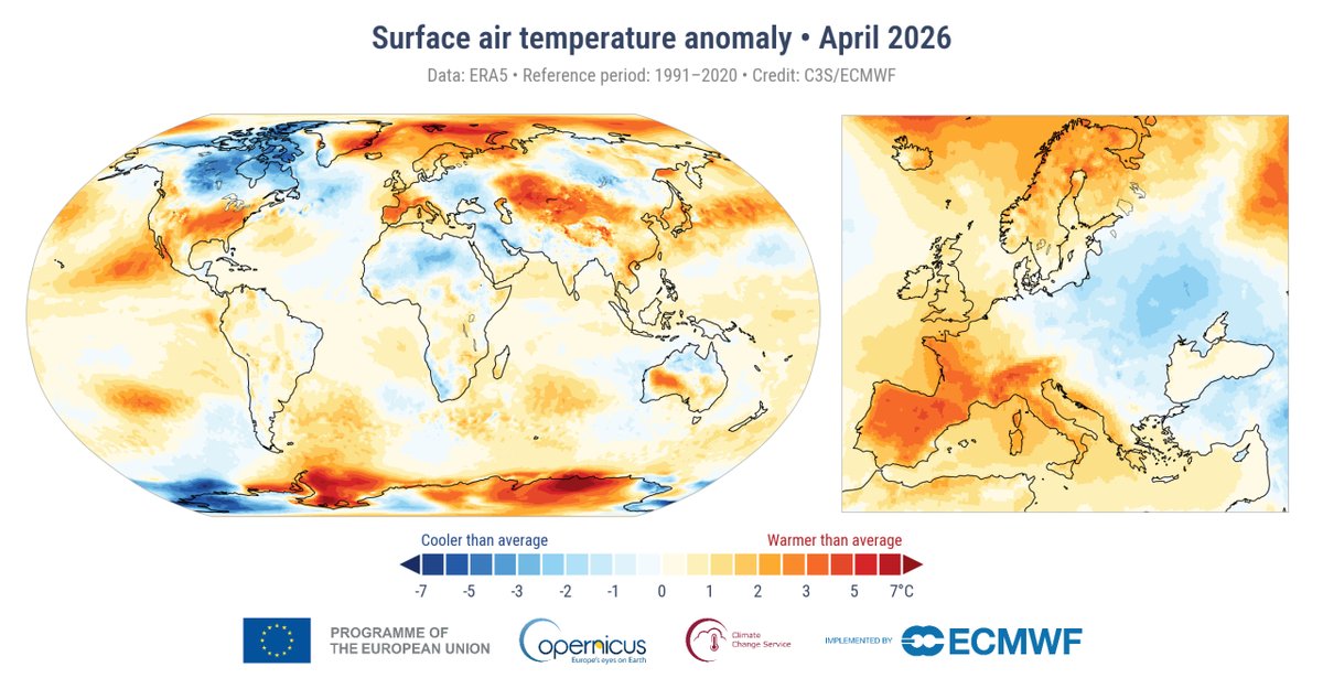 WetterKontor's tweet photo. April 2026 global gesehen drittwärmster April seit 1979: https://t.co/bthVWnTK1H

#Wetter #Klima #April #climate #climatechange #earth #weather #météo #weer https://t.co/0kuQ45cChs
