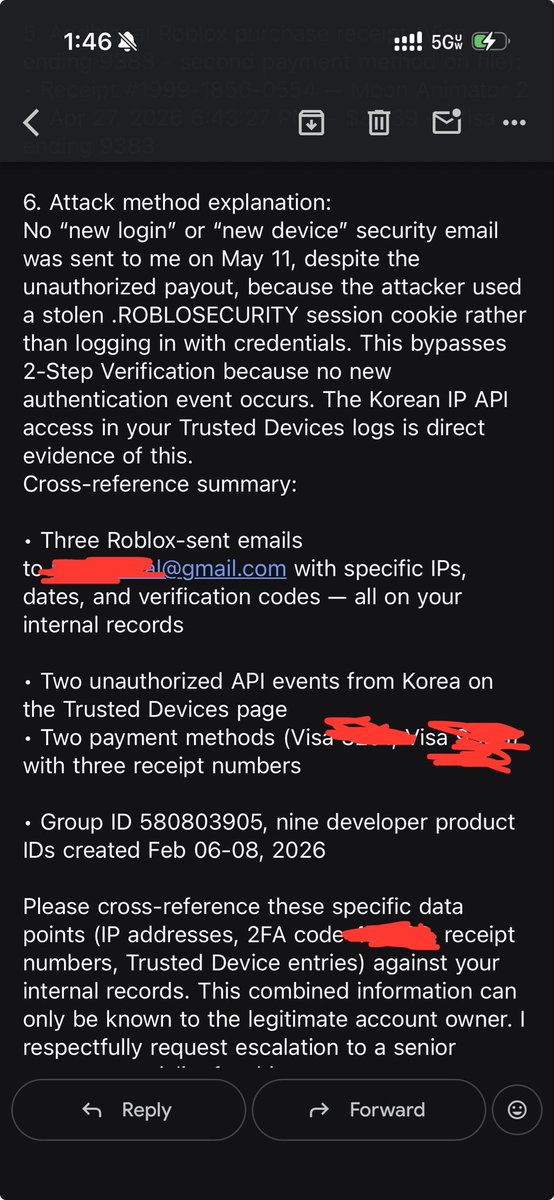 Nik99rbx's tweet photo. @Roblox @Roblox_RTC @robloxdevrel @SharkBloxYT My account NiksDevelop was breached, 660,000+ robux are being USD sold and laundered on it and ROBLOX support tells me “can’t verify ownership”. 2FA and security weren’t enough to receive a single email before I was signed out. what? https://t.co/rQgtk9oSgq
