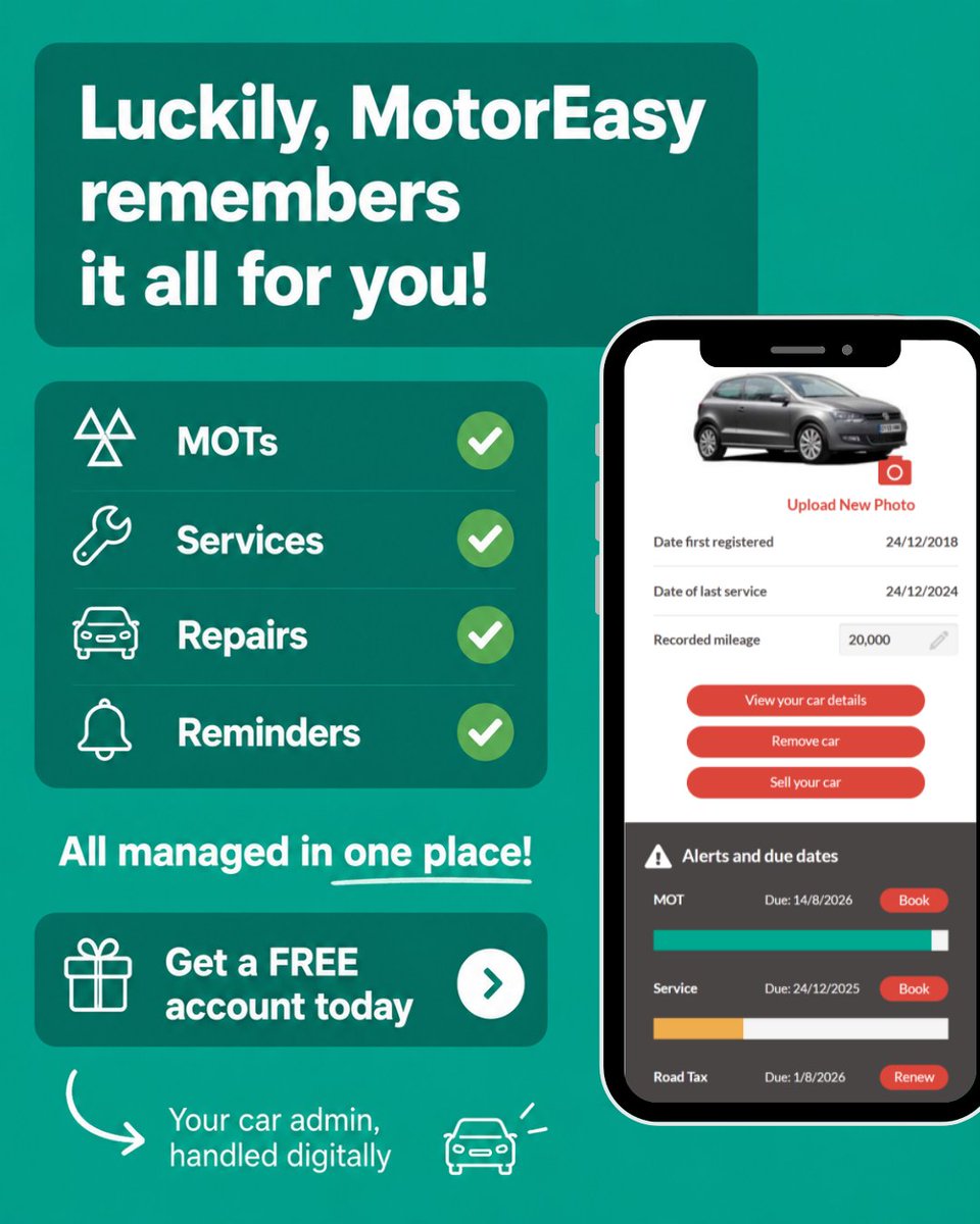 motoreasy's tweet photo. Don't fill your head with those car deadlines when MotorEasy can keep track for you!

Our digital garage stores all your vehicle information making sure you never miss a due date.

https://t.co/XR4Dsi5Ndm https://t.co/QGi4Mo4k6M