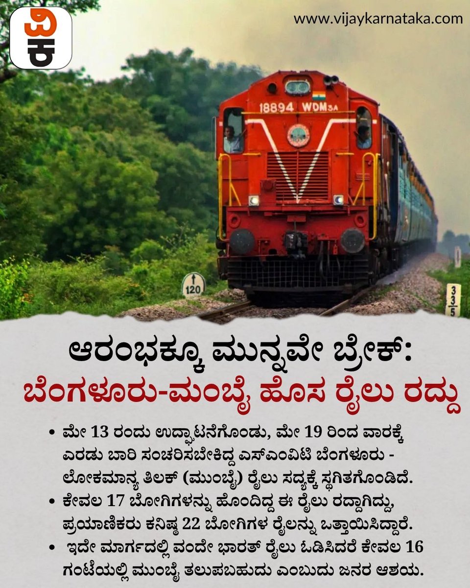 Vijaykarnataka's tweet photo. ಬೆಂಗಳೂರು ಮತ್ತು ಮುಂಬೈ ನಡುವೆ ಭಾರಿ ನಿರೀಕ್ಷೆ ಮೂಡಿಸಿದ್ದ ಹೊಸ ಸೂಪರ್‌ಫಾಸ್ಟ್ ರೈಲು ಸಂಚಾರ ಆರಂಭಕ್ಕೂ ಮುನ್ನವೇ ಪ್ರಯಾಣಿಕರ ತೀವ್ರ ಆಕ್ರೋಶಕ್ಕೆ ತುತ್ತಾಗಿ ರದ್ದಾಗಿದೆ. #BengaluruToMumbai #IndianRailways #TrainCancelled https://t.co/KiK4mF8lxD