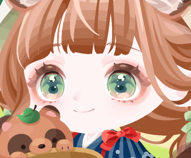 販売中『いらっしゃいませ！ぽんぽこ茶畑』の
かわいい瞳の秘密…気づいた？👀

なんと、瞳の中が
たぬきの顔になっているよ…！✨

ハイライトが頭に葉っぱを
乗せてるみたいに見えてとってもかわいいね🤭🍃

#ポケコロ