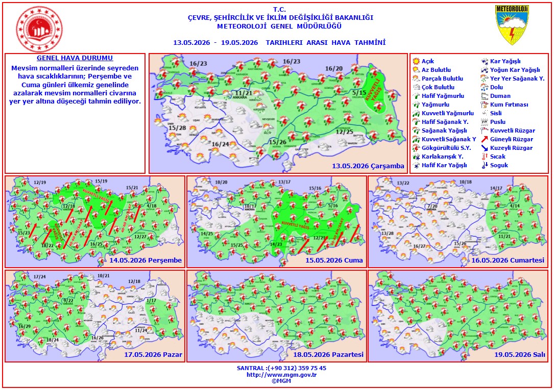 meteoroloji_twi's tweet photo. Haftalık Hava Tahmini
📆(13 - 19 Mayıs 2026)
Kuzey, iç ve batı bölgelerde mevsim normalleri üzerinde, diğer yerlerde mevsim normalleri civarında seyreden hava sıcaklıklarının perşembe gününden itibaren iç ve batı kesimlerde azalarak mevsim normalleri altına düşeceği tahmin ediliyor.