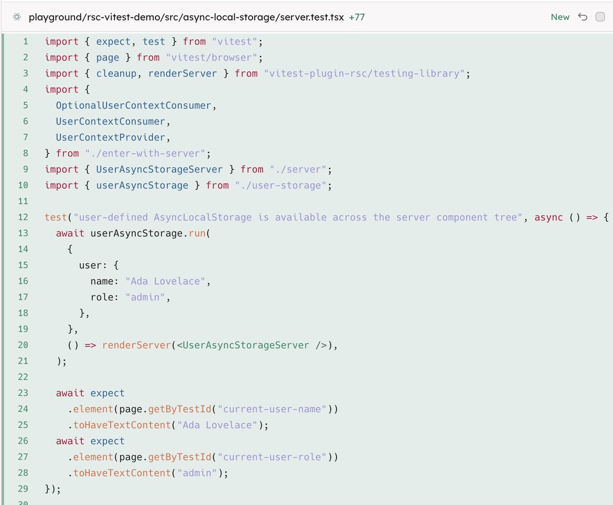 KasperPeulen's tweet photo. Excited about this: got a lightweight async_hooks compatibility shim working in the browser for vitest-plugin-rsc.

This should allow us run Next’s real cookies() and headers() request-context code in browser-mode RSC tests, without mocking those APIs.

@kettanaito https://t.co/8DEOHWV94b