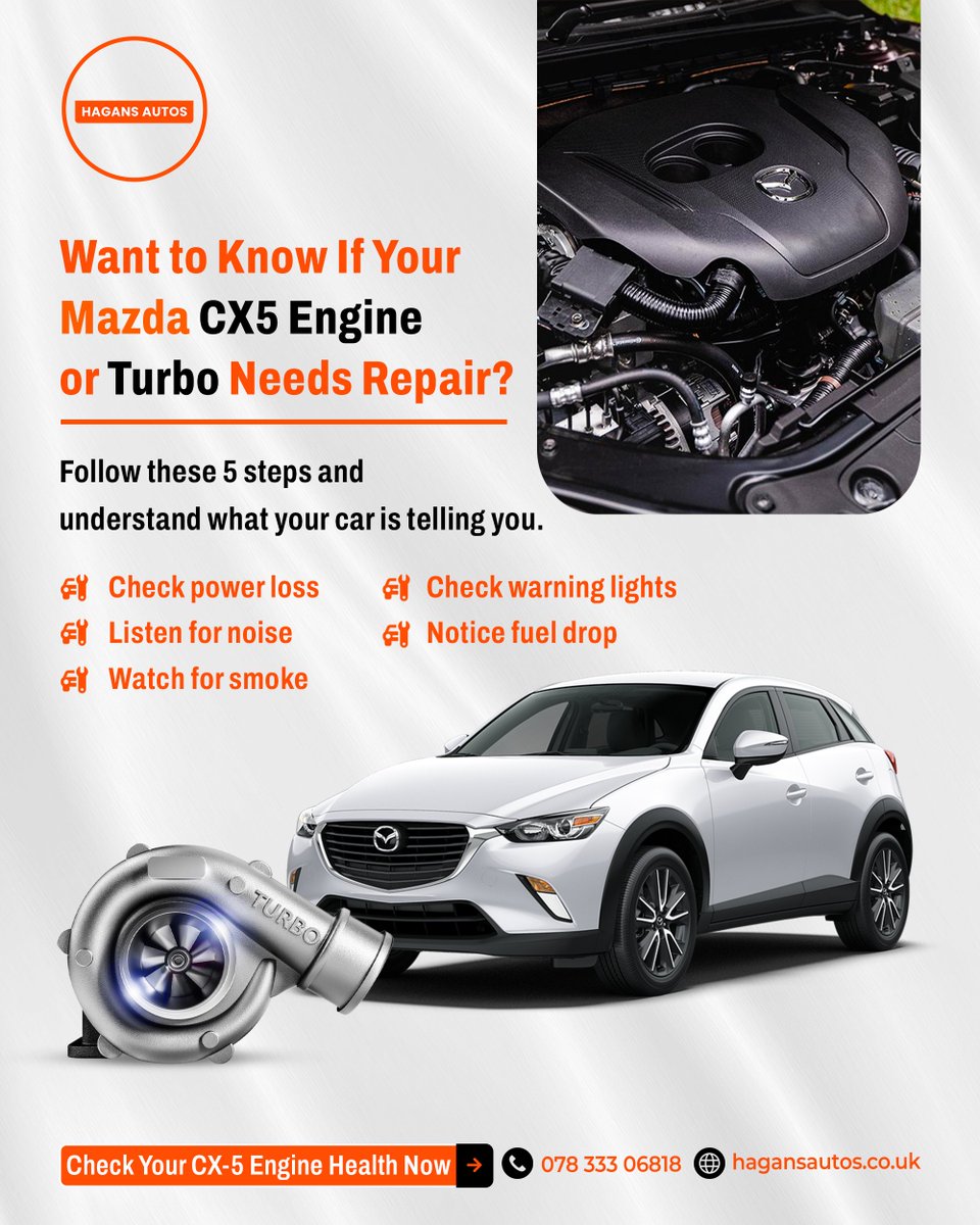 HagansAuto's tweet photo. Noticing power loss, smoke, or warning lights? These signs indicate engine or turbo issues in your Mazda CX-5. Check today.
🌐 https://t.co/nHlMrgFzx6 📞 078 333 06818
#MazdaCX5 #EngineCheck #TurboCheck #PowerLoss #EngineNoise #CarSmokeIssue #WarningLights https://t.co/Zyu6rLIZKf