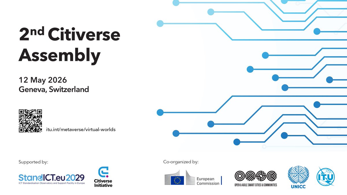 ITUstandards's tweet photo. What happens when #AI #digitaltwins spatial intelligence &amp; immersive tech converge? 

The #Citiverse Assembly starts today to explore how the AI-enabled citiverse is transforming #cities and public services

📍 @ITU Geneva 
📅 12 May 2026
🔗 Register: https://t.co/aQZmpur1rX https://t.co/RN878IXZej