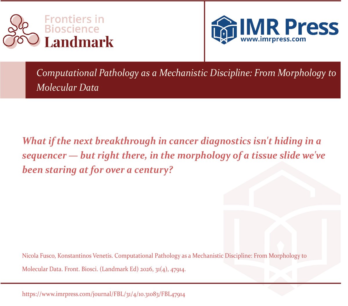 Landmark_IMR's tweet photo. 💡 Can #AI read a tissue slide as molecular data, not just an image? New in #FBL on #ComputationalPathology, #DeepLearning & #PrecisionOncology — from morphology to mechanism. 

🧠 The latest work from @IEOufficiale by first author Dr. Nicola Fusco and his team is now featured in FBL!

👉: https://t.co/YCFDjl7r7q

#DigitalPathology #TROP2 #CancerResearch #MedicalAI #Grok