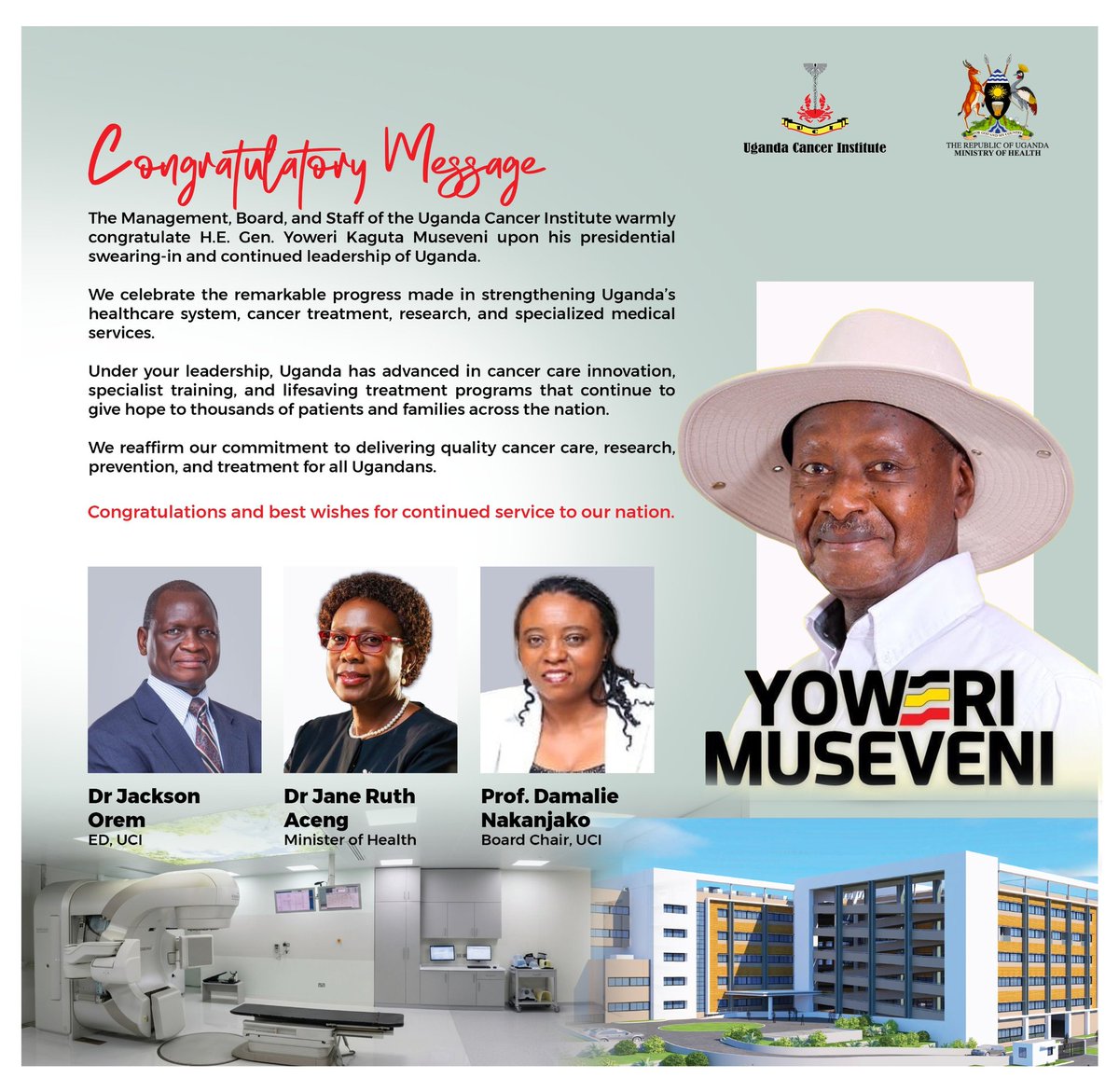 UgandaCancerIns's tweet photo. Today, we celebrate the remarkable progress made in strengthening Uganda's health care system, cancer treatment, research and specialized medical services under your leadership H. E Gen. Yoweri Kaguta Museveni.
#CancerCancerUg
#FightCancerUg
#PresidentialSwearingIn https://t.co/MJmww3o36I