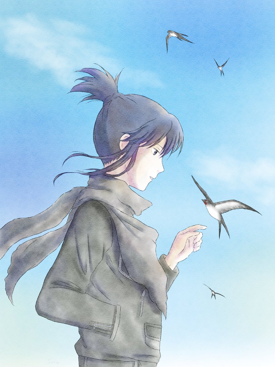 Sora46623455's tweet photo. 3年ほど前に描いたアナログ絵をデジタルでリメイクしてみました。ツバメ飛んでるし愛鳥週間ということで。 https://t.co/9j4tAvCUUV