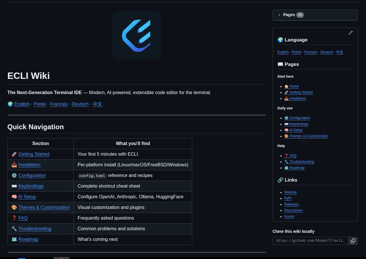 GuardBSD's tweet photo. 🚀 𝗧𝗵𝗲 𝗘𝗖𝗟𝗜 𝗪𝗶𝗸𝗶 𝗶𝘀 𝗴𝗿𝗼𝘄𝗶𝗻𝗴 — 𝘁𝗵𝗲 𝗱𝗼𝗰𝘂𝗺𝗲𝗻𝘁𝗮𝘁𝗶𝗼𝗻 𝗻𝗼𝘄 𝘀𝘂𝗽𝗽𝗼𝗿𝘁𝘀 𝗺𝘂𝗹𝘁𝗶𝗽𝗹𝗲 𝗹𝗮𝗻𝗴𝘂𝗮𝗴𝗲𝘀!

I have added and organized Wiki pages for ECLI — The Next-Generation Terminal IDE.
The documentation now follows a multilingual structure, making the project more accessible to users and developers from different backgrounds.

🌍 The Wiki currently includes:
𝗘𝗻𝗴𝗹𝗶𝘀𝗵 · 𝗣𝗼𝗹𝘀𝗸𝗶 · 𝗙𝗿𝗮𝗻ç𝗮𝗶𝘀 · 𝗗𝗲𝘂𝘁𝘀𝗰𝗵 · 中文

The first core sections are already available:
✅ Getting Started
✅ Installation
✅ Configuration
✅ Keybindings
✅ AI Setup
✅ Themes & Customization
✅ FAQ
✅ Troubleshooting
✅ Roadmap

This is an important step toward more professional project documentation. ECLI is designed to be not only a fast terminal-first IDE, but also a tool that is clear, well documented, and easy to adopt in real development environments.
ECLI remains a lightweight terminal-first code editor focused on simple configuration, AI workflows, Git integration, and working without heavy frameworks like Electron.

🔗 ECLI Wiki: https://t.co/4b830sOSMO
🌐 Website: https://t.co/yiH9vZySAK

#ECLI #TerminalIDE #DeveloperTools #AI #Documentation #GitHub #Python #CLI #SoftwareEngineering #DevOps #GuardBSD #Windows #macOS #FreeBSD #Linux