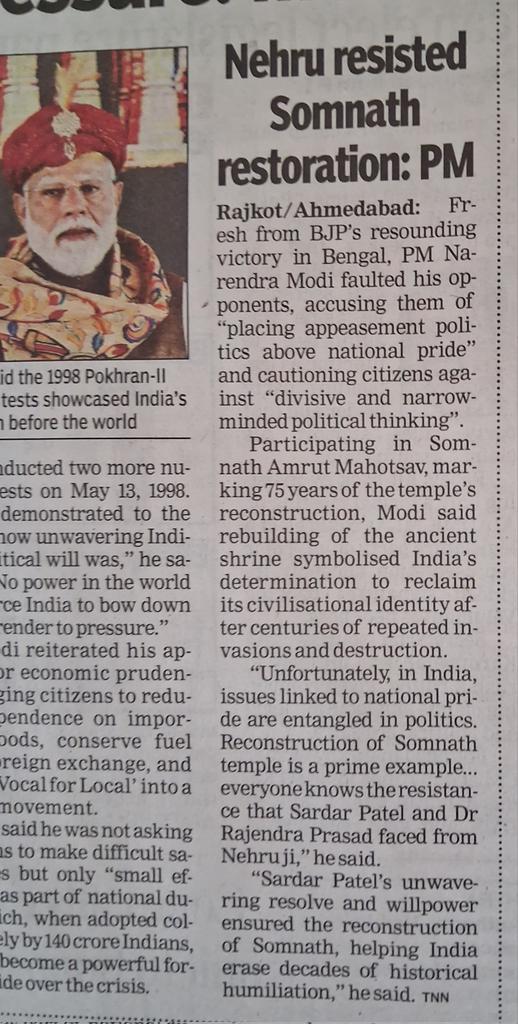 PraveenDavar's tweet photo. Dear @PMOIndia once again you are lying.  Pt. Nehru never resisted restoration of Somnath Temple. It was his Cabinet that gave approval to its reconstruction . All he  desired was that public  funds should not be utilised.  Patel, Prasad agreed. @ANI https://t.co/8YVPewqeWS