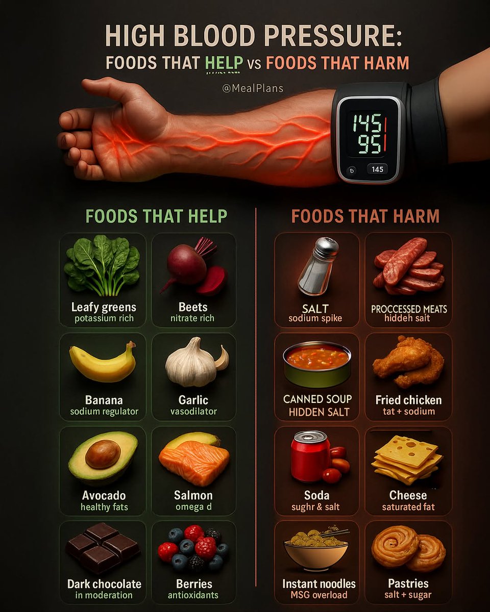 AddisonCox26414's tweet photo. High Blood Pressure: Foods That Heal vs Foods That Harm

👉 Follow  for more science-backed health tips!

Did you know what you eat can raise or lower your blood pressure? 🩸
✅ Foods like leafy greens, garlic, salmon, and berries support heart health a... https://t.co/IFjUi50G3j