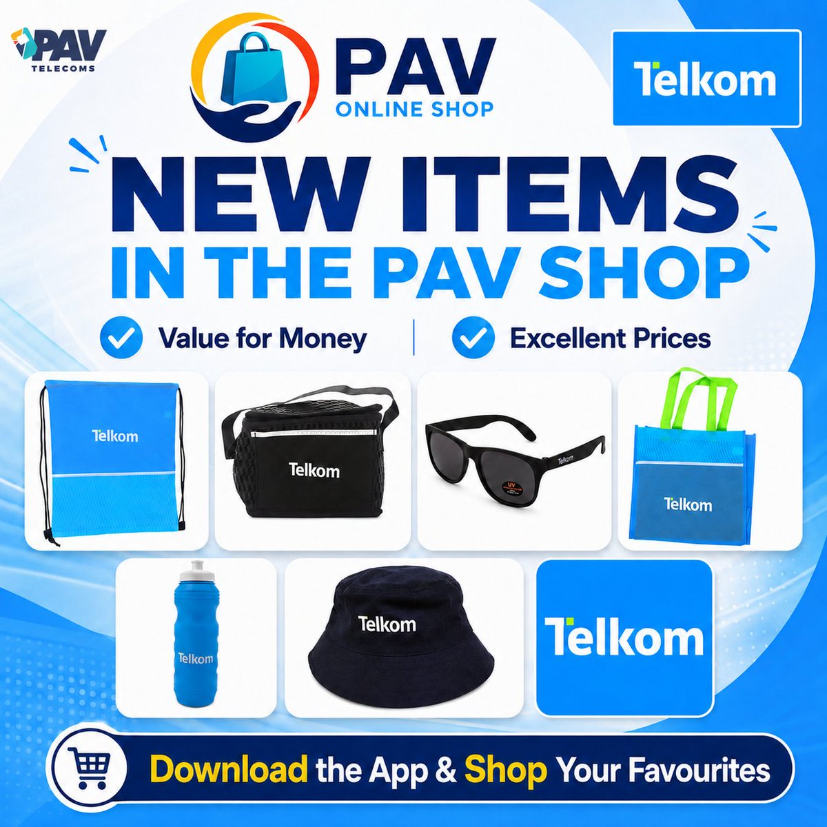PavTelecoms's tweet photo. 🛍️ NEW ITEMS now available in the PAV Shop!

Shop Telkom favourites at excellent prices and get value for money on every buy. From bags to bottles, sunglasses, hats and more — your next favourite item is waiting.

📲 Download the PAV Online Shop App and start shopping today! https://t.co/ZcObefMNML