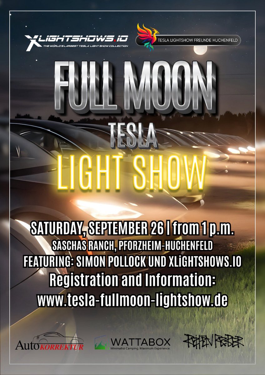 Teslalightshows's tweet photo. The @TLSHuchenfeld FULL MOON @Tesla Light Show in Pforzheim-Huchenfeld this SEPTEMBER 26th will be raising awareness and support for our TESLA COMMUNITY HERO Andrej who is a beautiful young man with enormous challenges. I’d like to personally thank Autokorrektur, @WattaBoxEu & @ReifenReber for their kind contributions to make this event possible ❤️❤️❤️