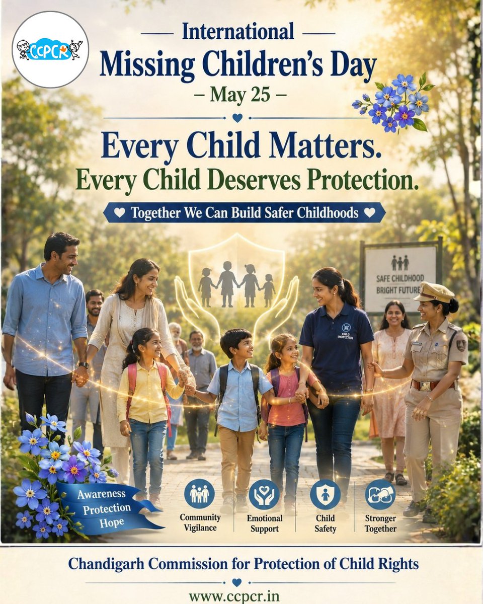 ccpcrofficial's tweet photo. 🧒💙 International Missing Children’s Day | May 25

Every child deserves safety, care, and protection. On this day, let us stand together to raise awareness about missing children and strengthen efforts to create safer childhoods for all.

✨ Every Child Matters. Every Child Deserves Protection.

🌐 https://t.co/DnA1NFey5M

@pmooffice8 @narendramodi @hmoindia @MoHFW_INDIA @Gulab_kataria @ministrywcd @eduminofindia @ncpcr_ @IShiprabansal @chandigarh_admn

#MissingChildrensDay #ChildProtection #EveryChildMatters #SafeChildhood #ChildRights #CCPCR #ChildSafety #CommunitySupport