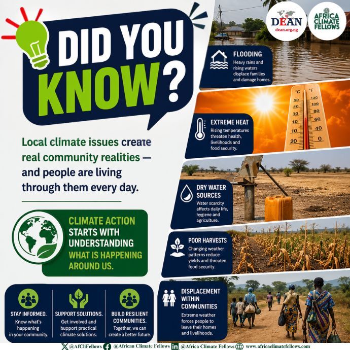 AfCliFellows's tweet photo. Climate change is not always far away.
Sometimes, it looks like flooding, extreme heat, dry water sources, poor harvests, or displacement within communities.
🌍 Climate action starts with understanding what is happening around us.

#DidYouKnow #CommunityRealities #ClimateAction https://t.co/tFuJMlHnuk