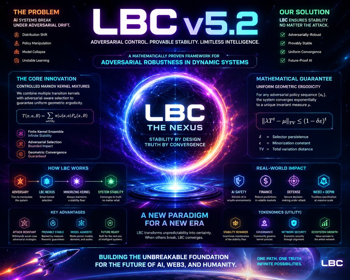 LBC: Adversarial control system for ML that guarantees stable learning under worst-case distribution shift via geometric ergodicity of controlled Markov kernels—turning chaos in adaptive AI systems into provably stable, deployable infrastructure. docs.google.com/document/d/1ip…