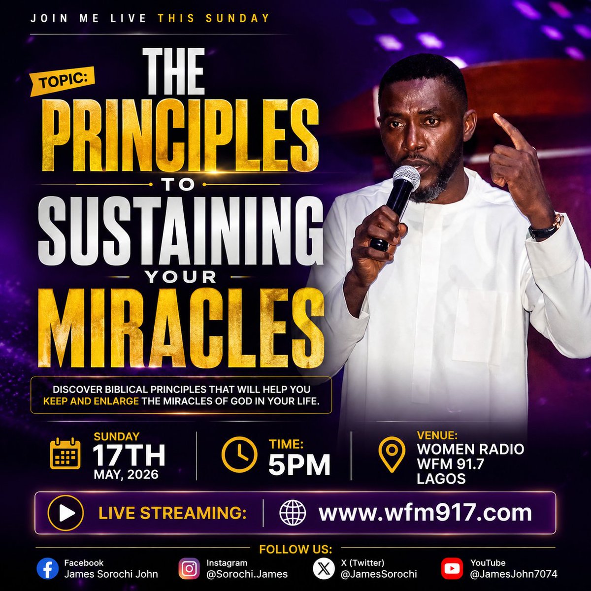 JamesSorochi's tweet photo. We all have once and again received Divine Help, but the challenging part has been the capacity and wisdom to sustain and grow that which we received.

Join Us this Sunday as we deal on the Topic: "Principles to Sustaining Your Miracles".

More details on the flyer

Elon https://t.co/LOKBxhs3Sk