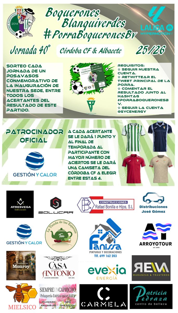 Pc_boqueronesbv's tweet photo. Esto se va terminando, estamos en la jornada 40 de nuestra #PorraBoqueronesBv, penúltima en nuestro Reino. No olvidéis participar y cumplir los requisitos del cartel.

Porra patrocinada por @GYCenergy
⚽️🤍💚🤍⚽️ https://t.co/adnuPQJyJs