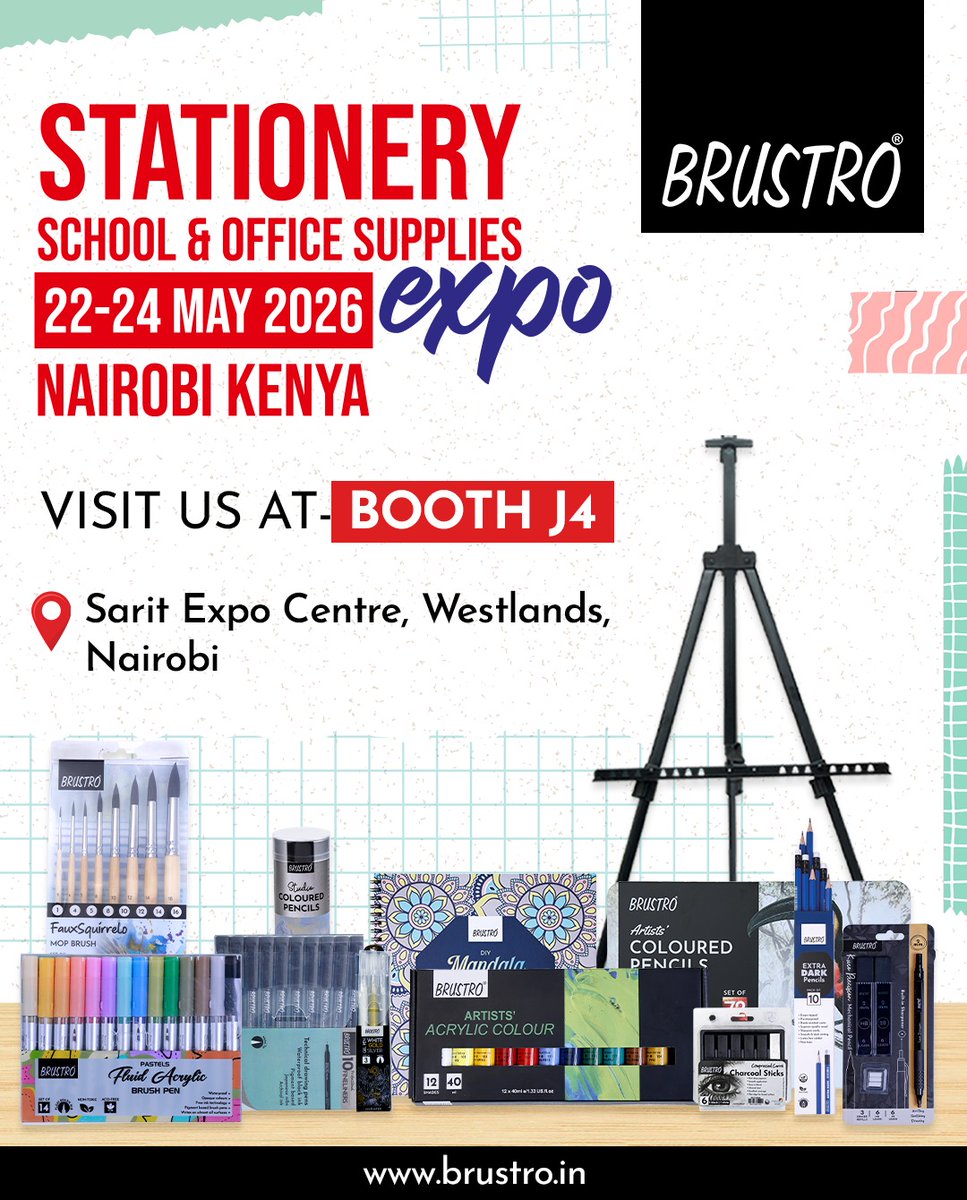 BRUSTRO_'s tweet photo. Nairobi, here we come! ✨

Brustro is heading to Kenya for the first time! ✨
Join us at the Stationery, School &amp; Office Supplies Expo 2026 and explore fine art essentials, creative tools &amp; more. 🎨✏️
  📍  Booth J4
 🗓️ 22–24 May 2026
📌 Sarit Expo Centre, Nairobi

See you there! https://t.co/ICpWXdYGHW