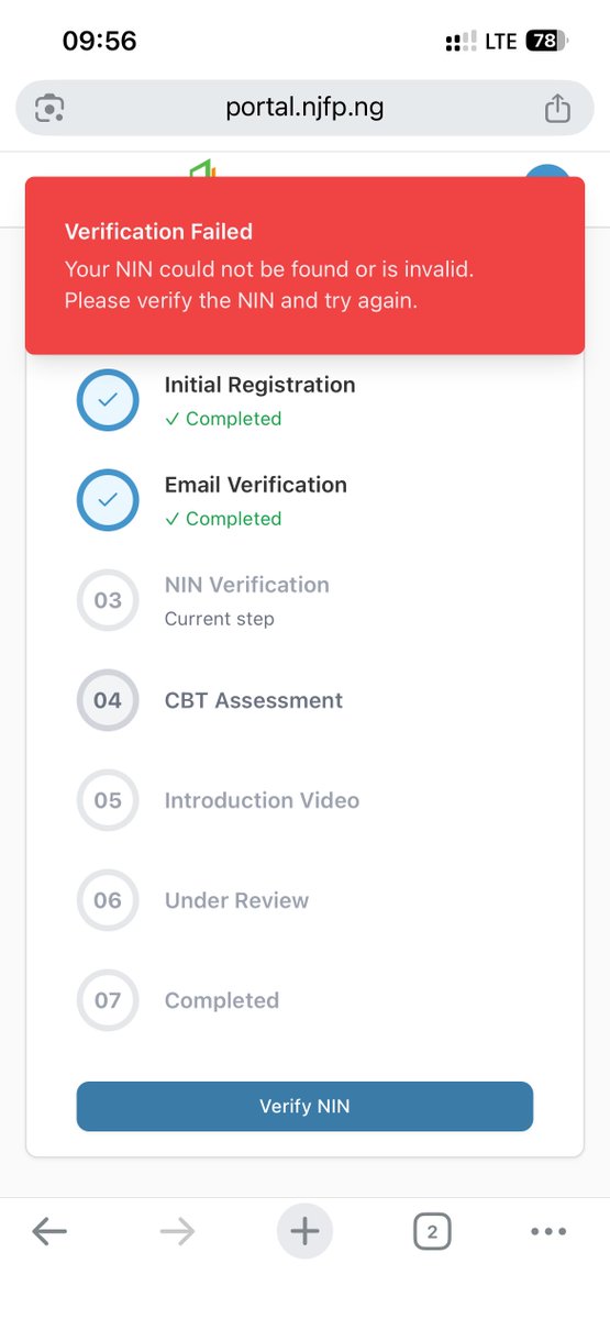 Elbash_kk's tweet photo. @NigeriaJFP Can not go back to verify and when using another email irmt say the nin already exists https://t.co/zBkMw5NQO2