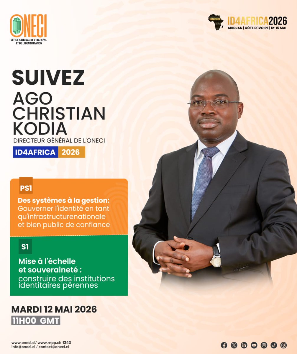 Oneci_ci's tweet photo. 𝐎𝐍𝐄𝐂𝐈| 𝐋𝐄 𝐃𝐆 𝐃𝐄 𝐋'𝐎𝐍𝐄𝐂𝐈 𝐔 𝐂Œ𝐔𝐑 𝐃𝐄𝐒 𝐑𝐄𝐅𝐋𝐄𝐗𝐈𝐎𝐍𝐒 𝐒𝐔𝐑 𝐋'𝐈𝐃𝐄𝐍𝐓𝐈𝐓𝐄́ 𝐄𝐍 𝐀𝐅𝐑𝐈𝐐𝐔𝐄

Le 𝐃𝐢𝐫𝐞𝐜𝐭𝐞𝐮𝐫 𝐆𝐞́𝐧𝐞́𝐫𝐚𝐥 𝐝𝐞 𝐥’𝐎𝐍𝐄𝐂𝐈, 𝐌. 𝐀𝐠𝐨 𝐂𝐡𝐫𝐢𝐬𝐭𝐢𝐚𝐧 𝐊𝐎𝐃𝐈𝐀, interviendra ce 𝐦𝐚𝐫𝐝𝐢 𝟏𝟐 𝐦𝐚𝐢 𝟐𝟎𝟐𝟔 𝐚̀ 𝟏𝟏𝐇𝟎𝟎 GMT autour des thématiques majeures de 𝐥𝐚 𝐠𝐨𝐮𝐯𝐞𝐫𝐧𝐚𝐧𝐜𝐞 𝐝𝐞 𝐥’𝐢𝐝𝐞𝐧𝐭𝐢𝐭𝐞́ 𝐞𝐧 𝐀𝐟𝐫𝐢𝐪𝐮𝐞.

𝐎𝐍𝐄𝐂𝐈, 𝐭𝐢𝐞𝐫𝐬 𝐝𝐞 𝐜𝐨𝐧𝐟𝐢𝐚𝐧𝐜𝐞 𝐝𝐞 𝐯𝐨𝐭𝐫𝐞 𝐢𝐝𝐞𝐧𝐭𝐢𝐭𝐞́.

#CIV225 #CIV
#ONECI #MISRCI
#RNPP #NNI
#ID4Africa2026
