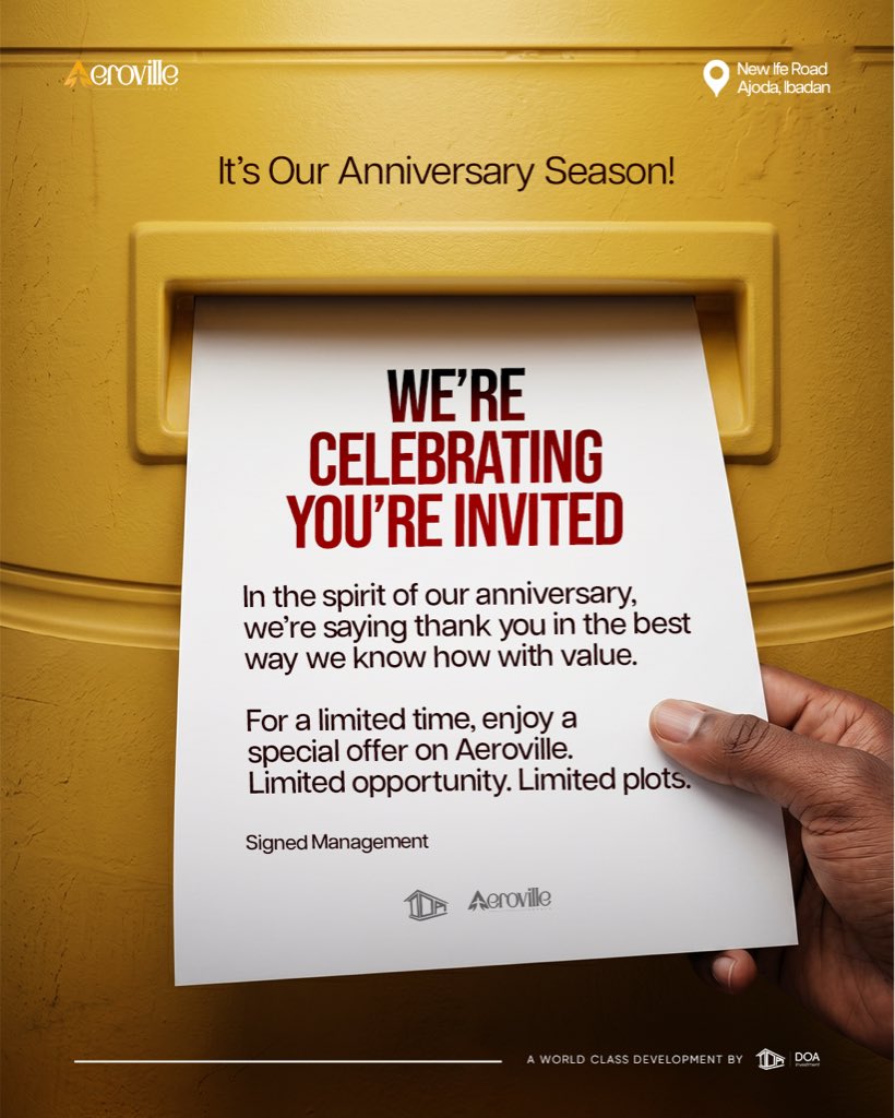 DOA_RealEstate's tweet photo. A celebration for us.
A massive opportunity for you. 

Aeroville Anniversary Sale is officially on, and the prices are too good to ignore.

🔥 ₦25M slashed to ₦17M
🔥 ₦3M initial deposit
🔥 ₦15M outright payment
🔥 Limited offer. Limited plots.

Send a DM right now. https://t.co/XUHKScVGln