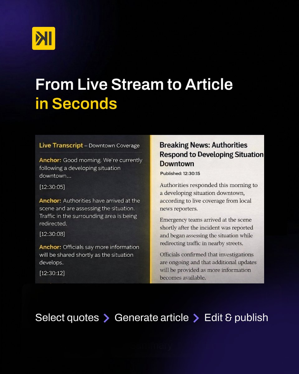 kwikmotion's tweet photo. KWIKmotion Live Studio is built for teams moving at the speed of live content.

Skip manual transcribing and eliminate reporting delays.

Powered by AI, Live Studio analyzes broadcasts in real-time and instantly transforms selected transcripts into ready-to-publish articles. https://t.co/uCAKdMu7Sf