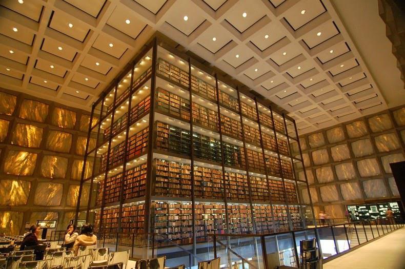 RareBiblio's tweet photo. The Beinecke Rare Book & Manuscript Library at Yale looks like a giant glowing cube from the outside. But it was not designed just to look beautiful. The marble walls actually protect some of the rarest books and manuscripts in the world from direct sunlight that could slowly destroy them over time. 📚