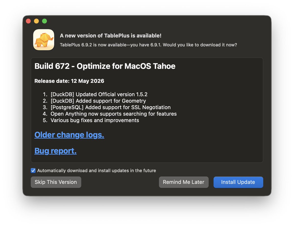 TablePlus macOS 6.7.2 is out. This is the last stable build with the ...