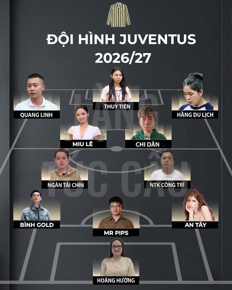 Vinaventures's tweet photo. ❗️HÉ LỘ ĐỘI HÌNH JUVENTUS CỰC KHỦNG MÙA 2026/27.

- Tam Giác Quỷ" KERA khét tiếng lĩnh xướng hàng công: Khiến hậu vệ đối thủ run rẩy như bị tiêu chảy.

- Bộ đôi tiền vệ tấn công Miu Lê & Chi Dân với những đường chuyền chọc k.e cực ảo, nhảy múa bay lak ở phần sân đối phương.

- Ngân 98 & NTK Công Trí đã chứng minh khả năng điều hành và thiết kế doanh nghiệp, rất phù hợp với vai trò tổ chức lối chơi. Đặc biệt là Nhạc trưởng Ngân 98 đã cho thấy độ quái của mình khi cho mẹ ruột đứng tên công ty Zubu. Cầm tuyến giữa nó phải lạnh lùng như thế 🐧

- Bộ đôi Bình Gold và Mr Píp sẽ bổ sung chất thép cho hàng thủ. An Tây sẽ đảm nhiệm khâu tiếp tế "khoáng chất" để toàn đội chạy không biết mệt.

- Thủ môn Hoàng Hường với lợi thế thể hình, che chắn khung thành cực hay ❤