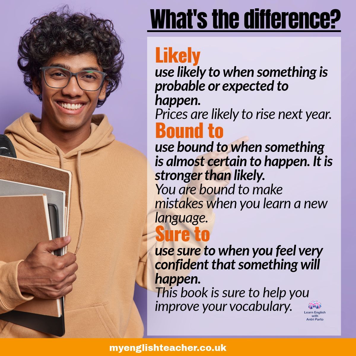 MyLinguaAcademy's tweet photo. Learn about the difference between likely, bound to, and sure to
#learnenglish #B2First #C1Advanced https://t.co/2oTpPG92Vc