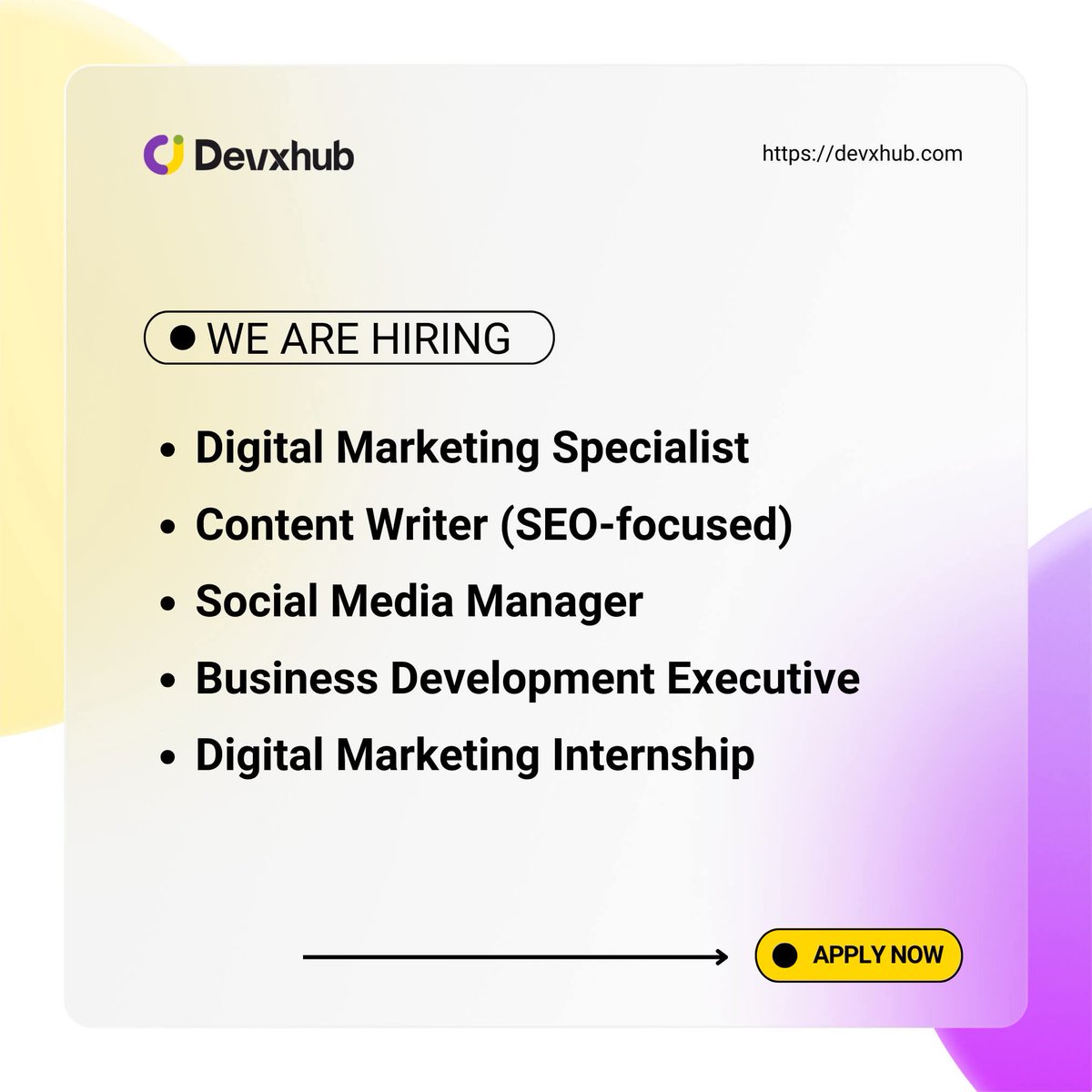 realAdeyemo's tweet photo. Hiring!
#Devxhub is looking for creative, passionate, and results-driven professionals to join our growing team.
If you are skilled in marketing, content creation, branding, and business growth these opportunities are for you! ๐
๐ค Be part of our expanding network and help drive digital growth and brand success at Devxhub.
๐งโ๐ผ ๐๐ฉ๐๐ง ๐๐จ๐ฌ๐ข๐ญ๐ข๐จ๐ง๐ฌ:
โข ๐๐ข๐ ๐ข๐ญ๐๐ฅ ๐๐๐ซ๐ค๐๐ญ๐ข๐ง๐ ๐๐ฉ๐๐๐ข๐๐ฅ๐ข๐ฌ๐ญ
โข ๐๐จ๐ง๐ญ๐๐ง๐ญ ๐๐ซ๐ข๐ญ๐๐ซ (๐๐๐-๐๐จ๐๐ฎ๐ฌ๐๐)
โข ๐๐จ๐๐ข๐๐ฅ ๐๐๐๐ข๐ ๐๐๐ง๐๐ ๐๐ซ
โข ๐๐ข๐-๐๐๐ฏ๐๐ฅ ๐๐ฎ๐ฌ๐ข๐ง๐๐ฌ๐ฌ ๐๐๐ฏ๐๐ฅ๐จ๐ฉ๐ฆ๐๐ง๐ญ ๐๐ฑ๐๐๐ฎ๐ญ๐ข๐ฏ๐
โข ๐๐ข๐ ๐ข๐ญ๐๐ฅ ๐๐๐ซ๐ค๐๐ญ๐ข๐ง๐ (๐๐ง๐ญ๐๐ซ๐ง๐ฌ๐ก๐ข๐ฉ)
๐ ๐๐ฑ๐ฉ๐๐ซ๐ข๐๐ง๐๐:
โข Mid-Level Roles: Minimum 2-5 years
โข Internship Role: Freshers
๐ฐ ๐๐จ๐ฆ๐ฉ๐๐ญ๐ข๐ฏ๐ ๐๐๐ฅ๐๐ซ๐ฒ
โฑ๏ธ ๐๐จ๐ ๐๐ฒ๐ฉ๐: Full-Time / Internship
๐ ๐๐จ๐๐๐ญ๐ข๐จ๐ง: Onsite / Remote
๐ ๐๐จ๐ข๐ง๐ข๐ง๐ : Immediate
โณ ๐๐ฉ๐ฉ๐ฅ๐ข๐๐๐ญ๐ข๐จ๐ง ๐๐๐๐๐ฅ๐ข๐ง๐: May 30, 2026
๐ For more information & to apply: https://t.co/2JcW0fcMYp
